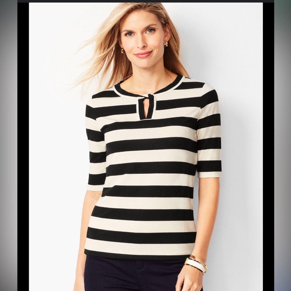 Talbots Black/White Striped Twisted Keyhole Top